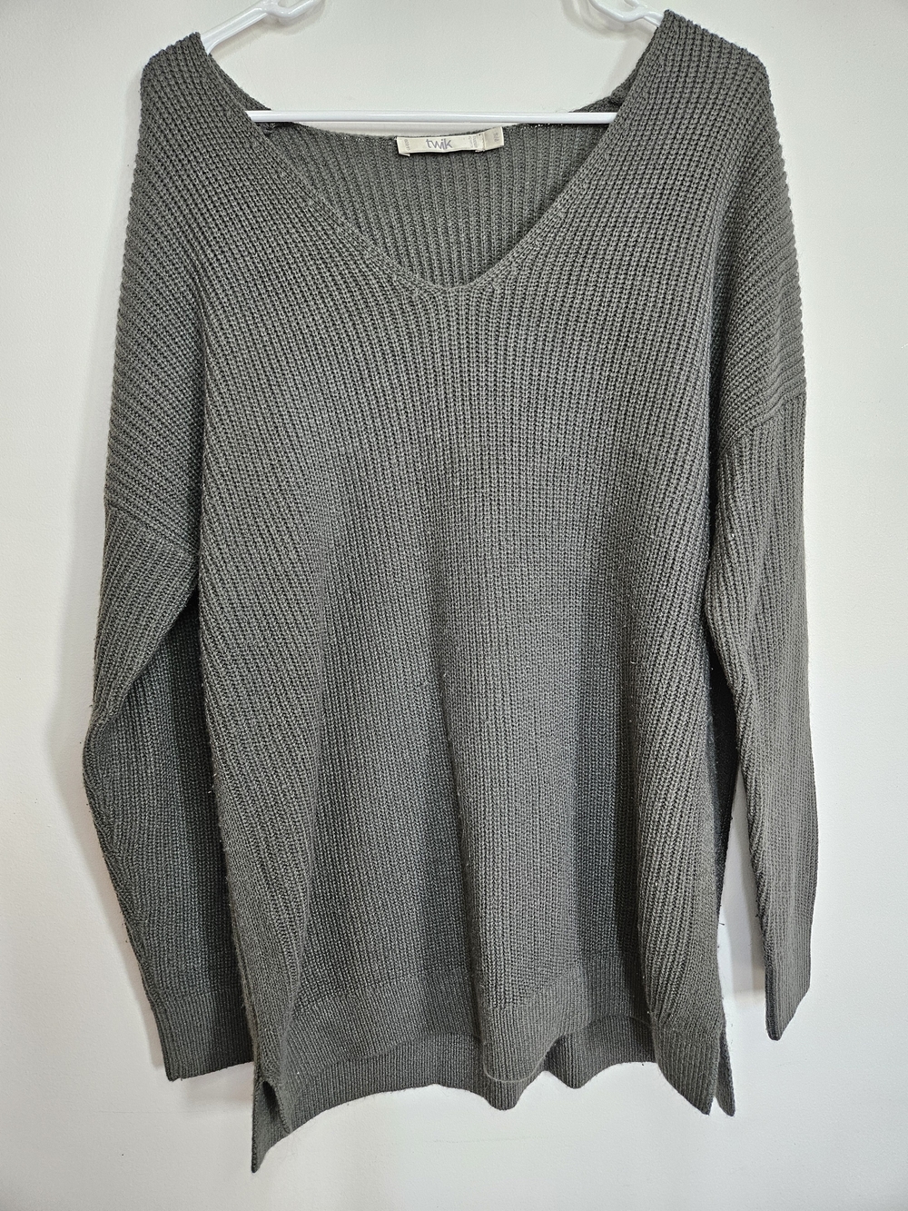 DKNY Jeans Open Knit V-Neck Sweater Size XL Heather Beige Crochet Pullover🔥
